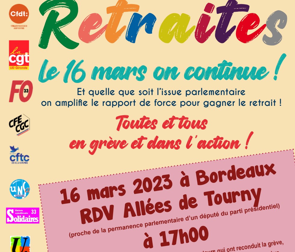 Retraites RdV 16 Mars Allées Tourny